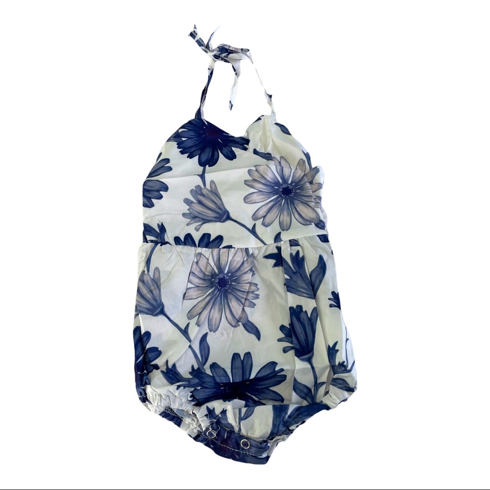 Soft 1 Piece with Ruffles & Bow. Size 9-12 Months. Blue Floral. Brand New.